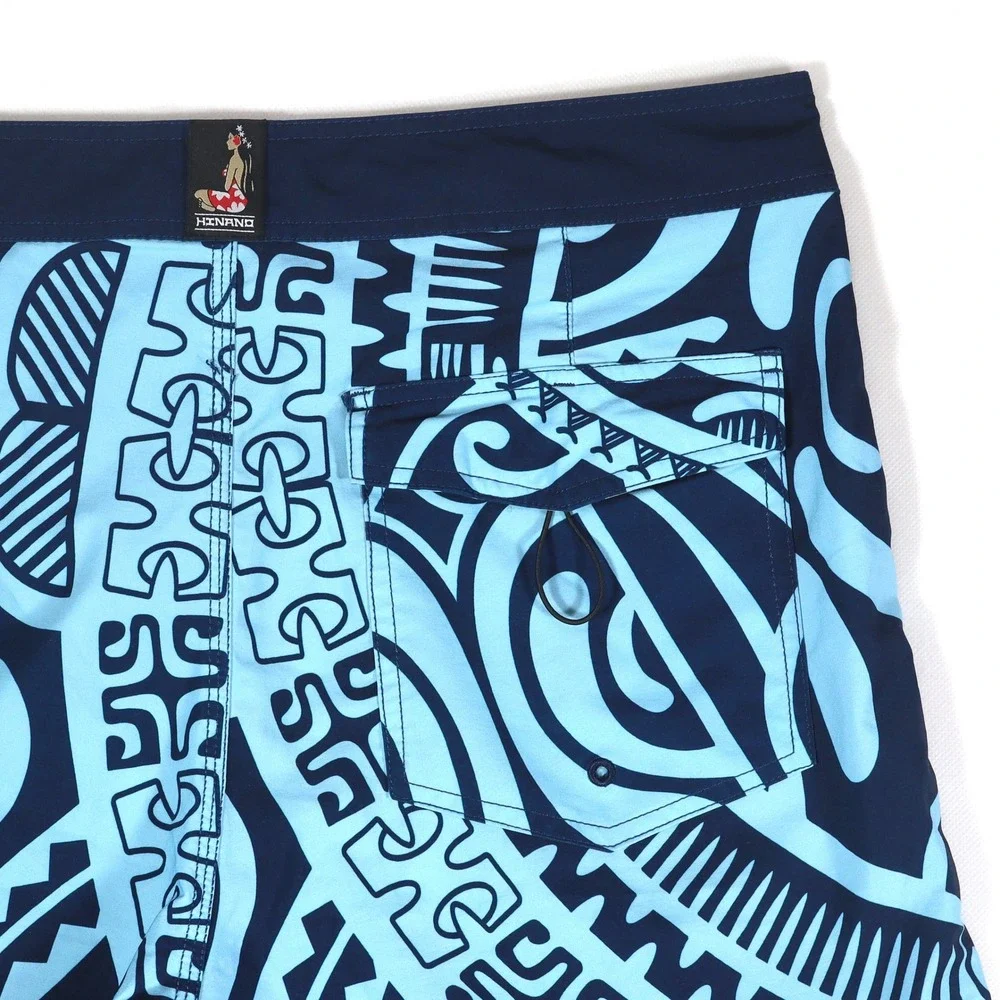 Hinano Tahiti Board Shorts Mens 34 Blue Tribal Print Stretch Swim Trunks Surf